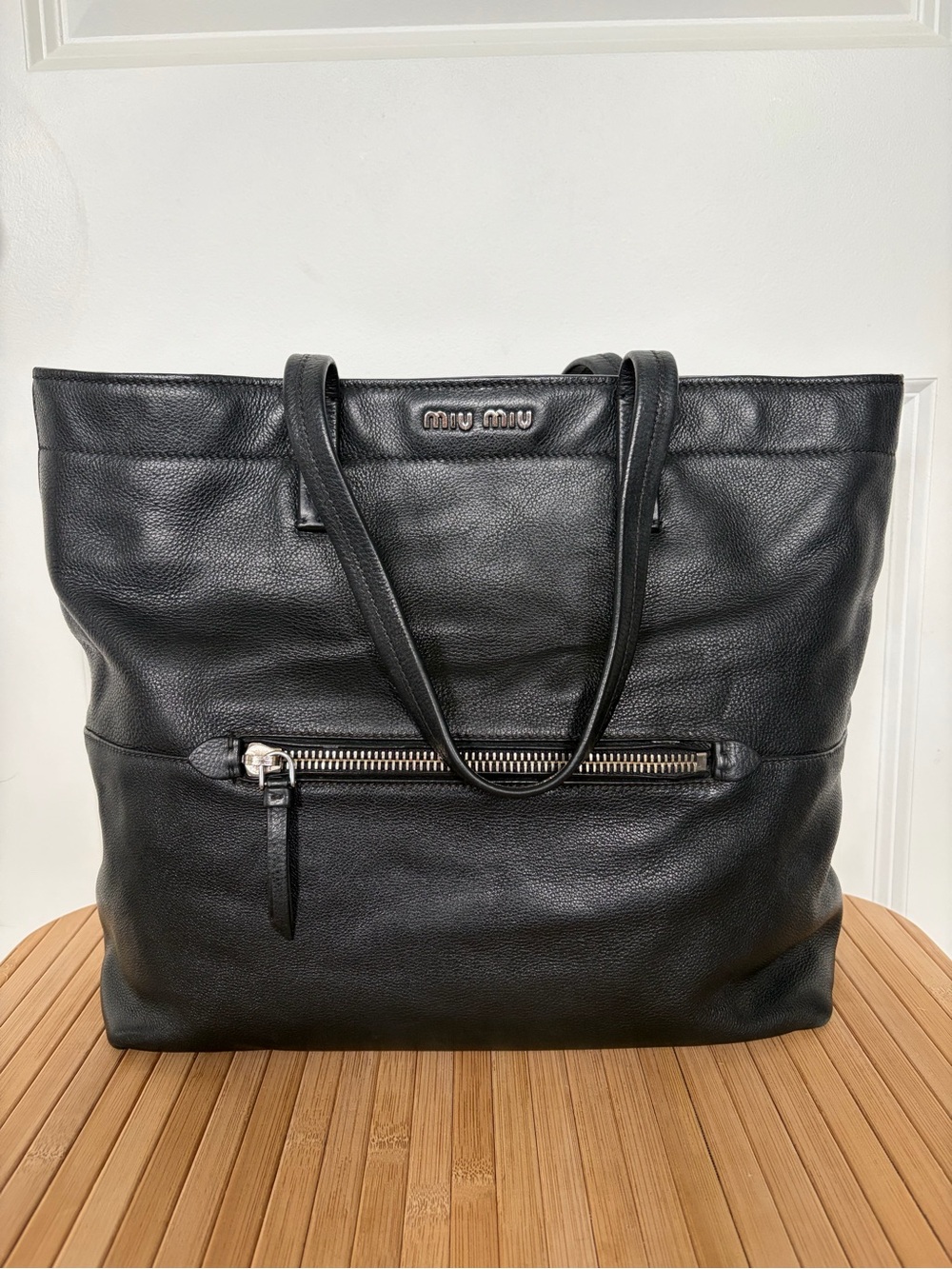 Miu Miu Black Pebbled Leather Tote with Front Zip Pocket